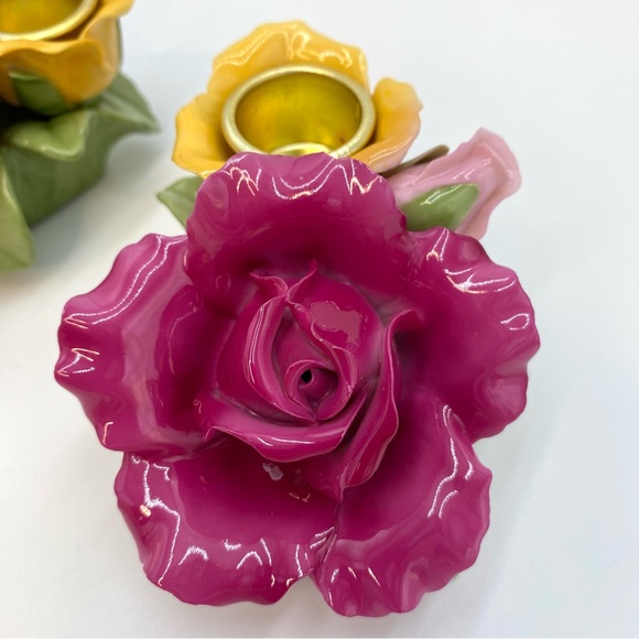 Set of 2 Royal Albert Old Country Roses Pink Yellow Sculpted Taper Candle Holder - Picture 4 of 16